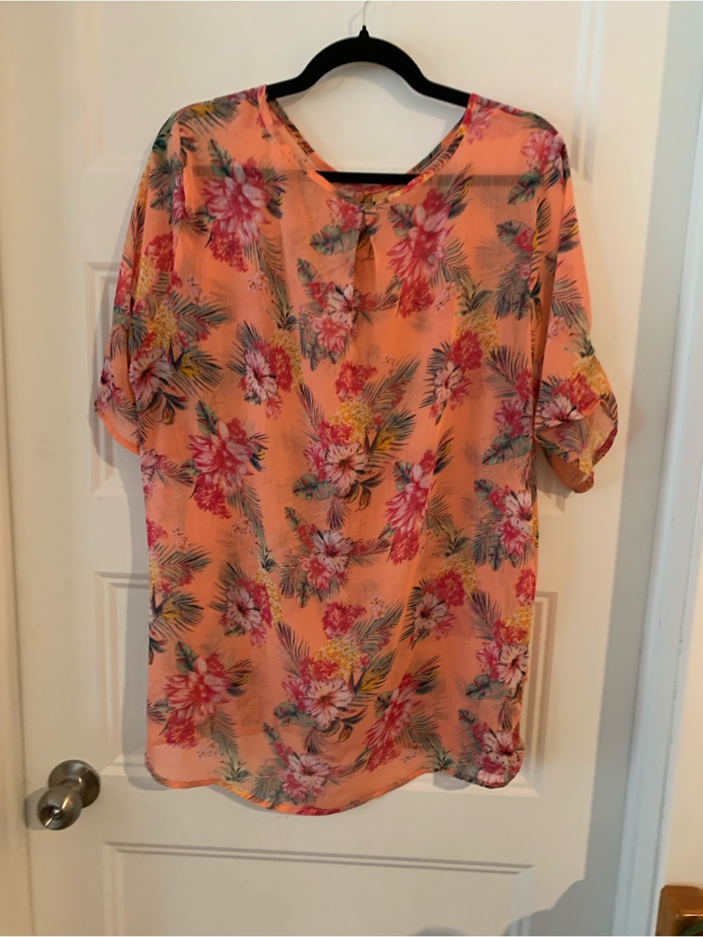 Women's sheer chiffon Floral Peach Short-Sleeve Women's blouse 1X